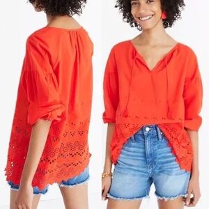 Madewell Red Boho Eyelet Blouse size medium
